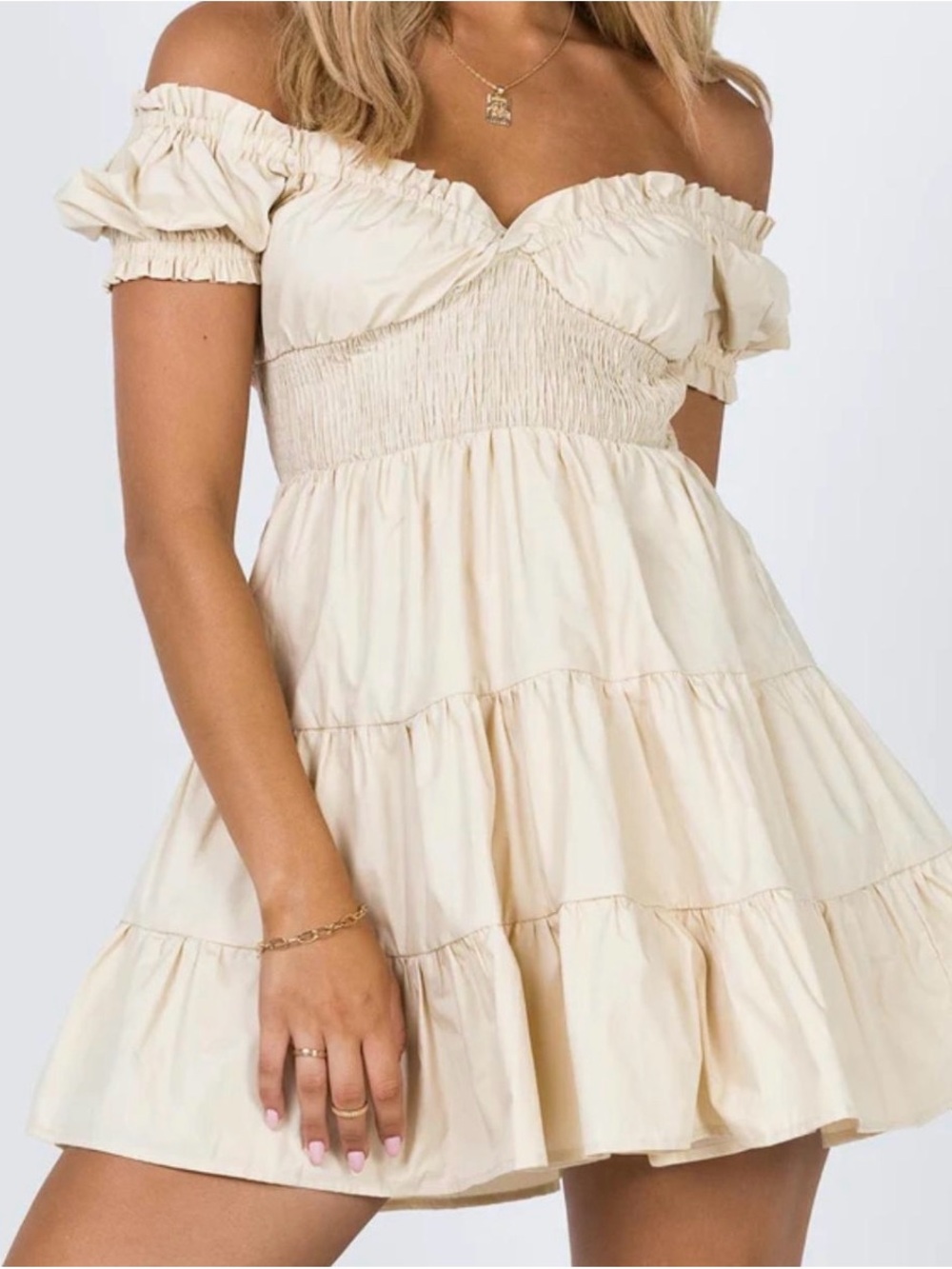 Princess Polly Off-Shoulder Tiered Mini Dress in Cream